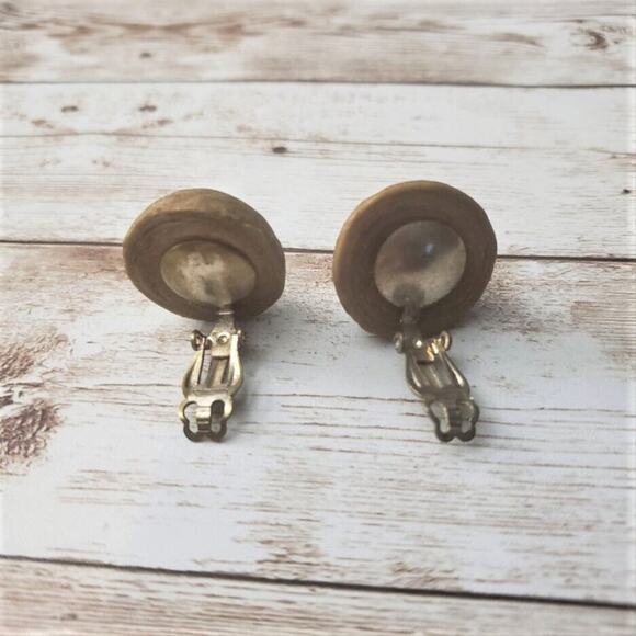 Vintage Clip On Earrings - Unusual Uneven Tan Domed Circle - Picture 4 of 4